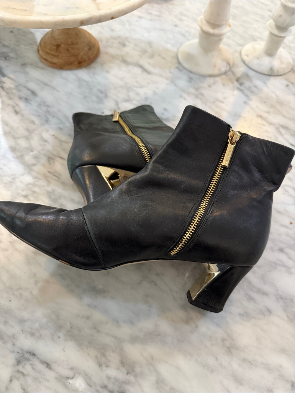 Karl lagerfeld Women's Black Pointed Ankle Boots with Gold Zipper